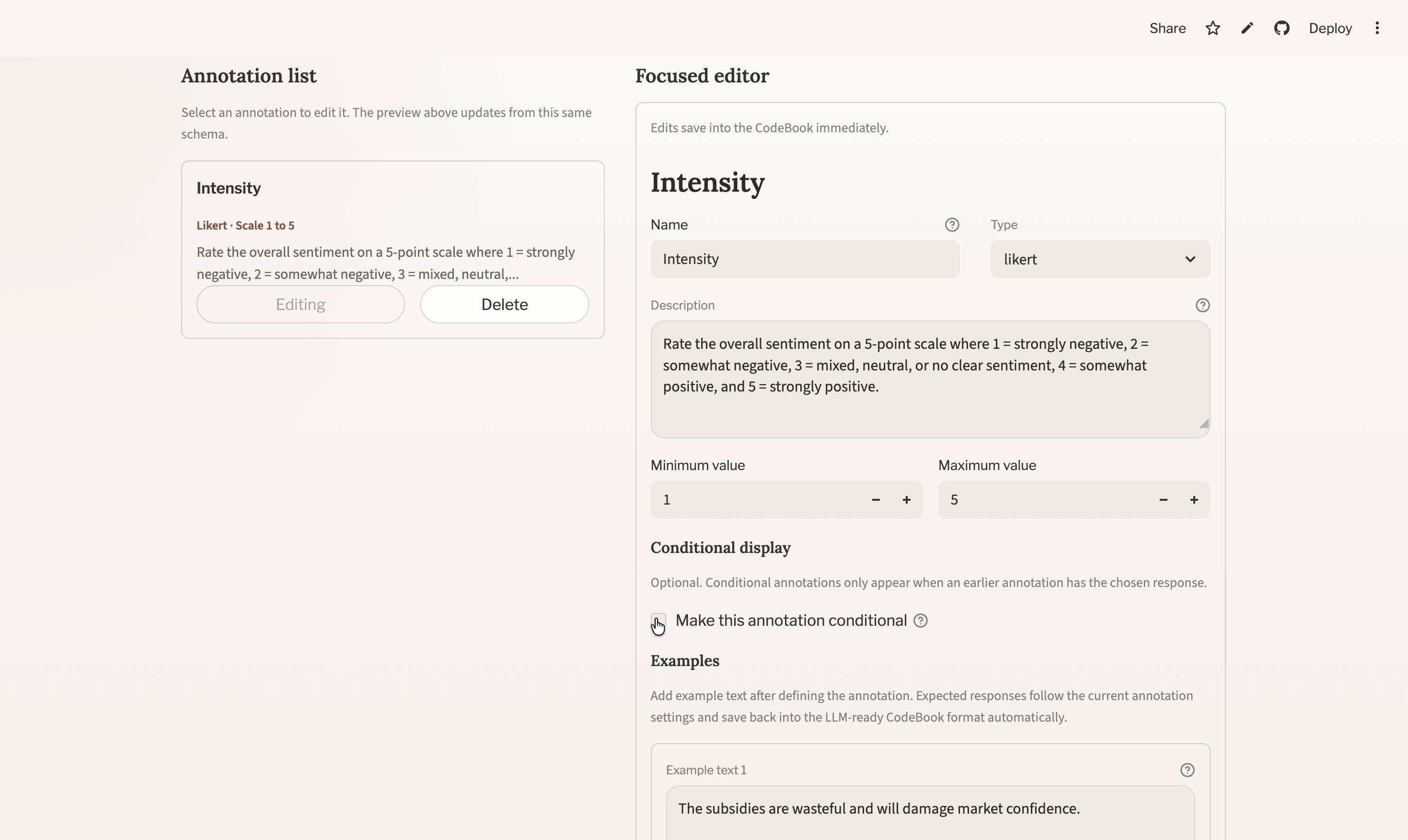 An annotation being added in the codebook editor, configured, and then given an example.