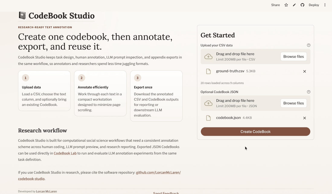 Short animation showing the CodeBook Studio annotation workspace with the text on the left and the active annotation section on the right.