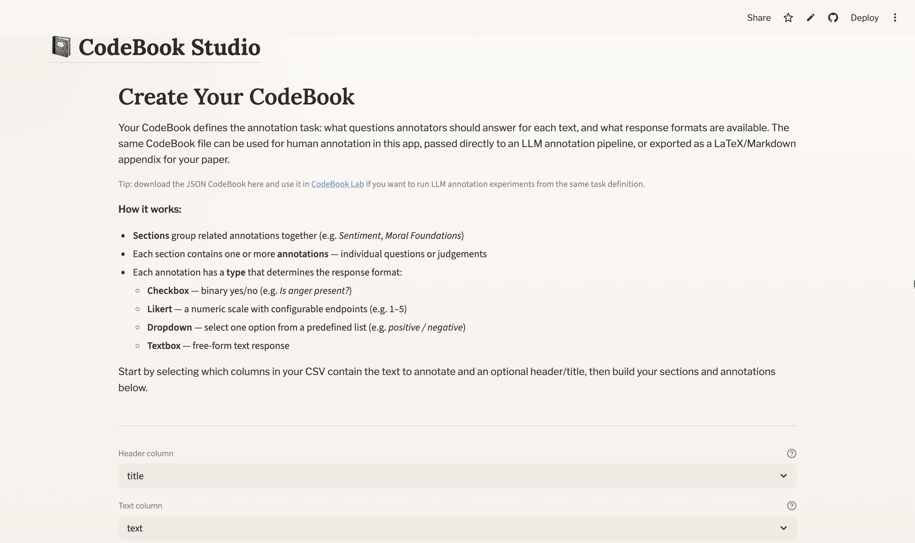 CodeBook Studio codebook editor showing the header and text column selectors, annotation sections, and workflow preview.