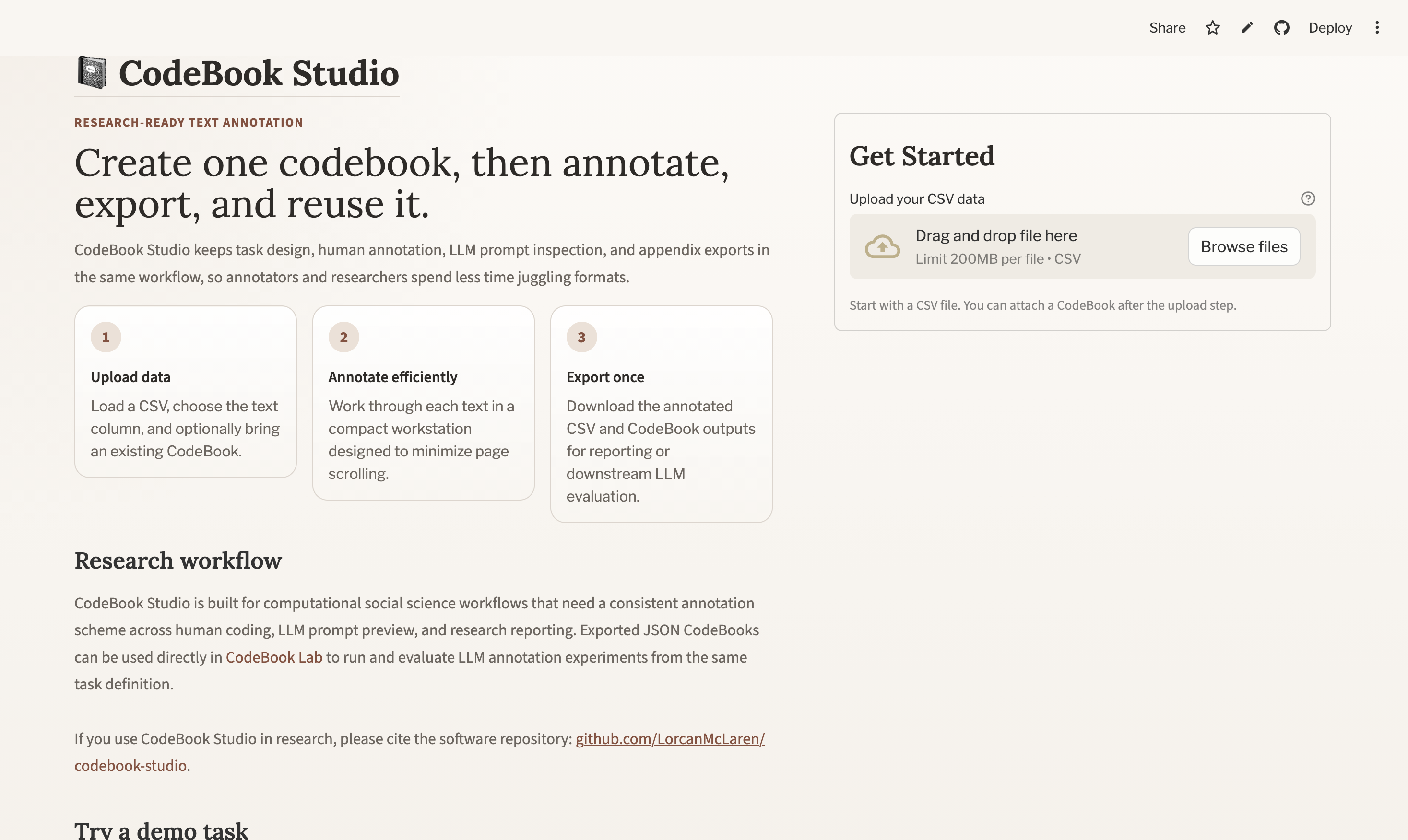 CodeBook Studio landing page with the CSV uploader, optional codebook uploader, and the main action button.