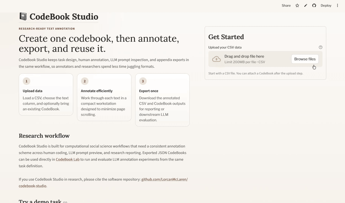 Short animation showing the landing page flow for uploading a CSV alone versus uploading a CSV together with a codebook JSON.